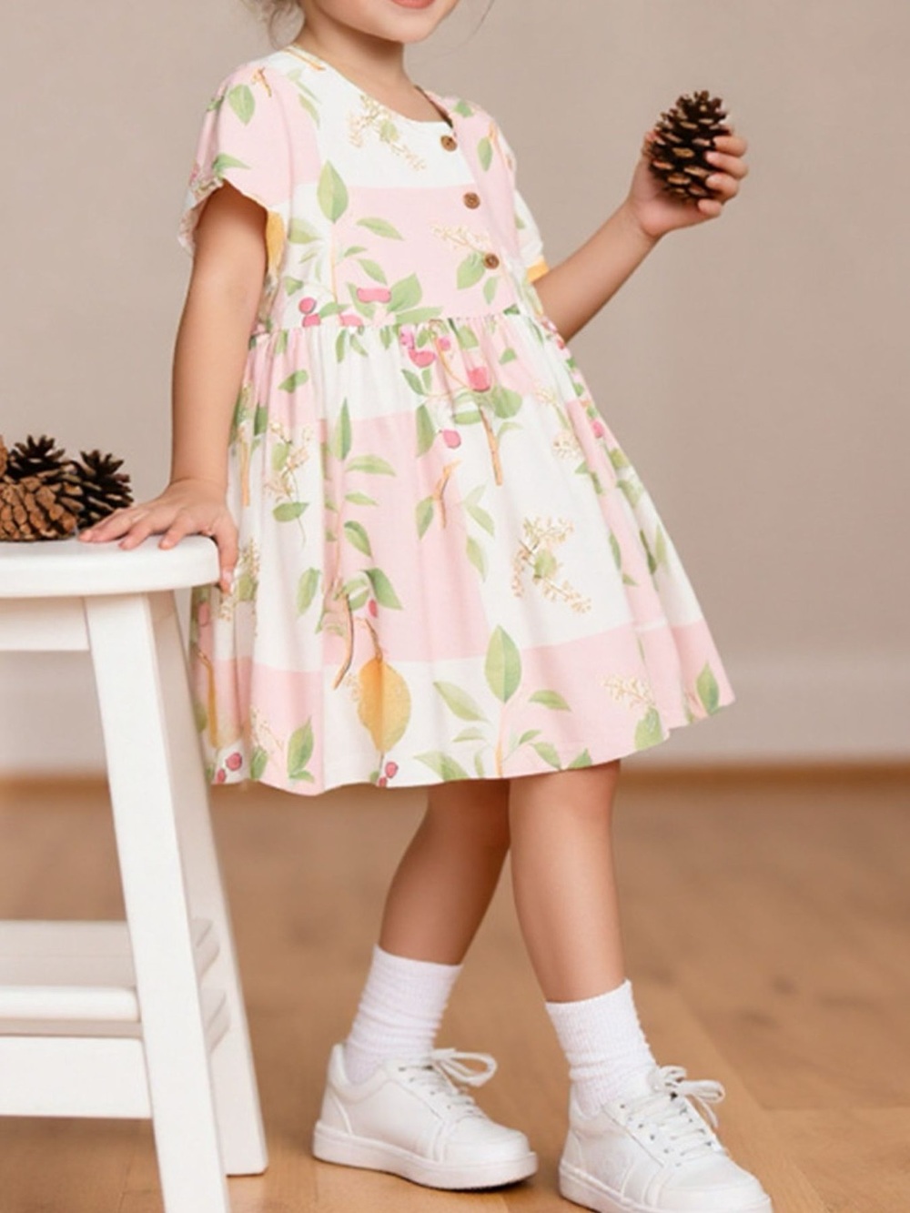 Girls Pink Floral Stripe Cotton Dress with Fruit Print